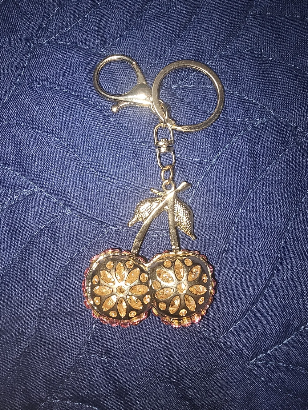New Pink Crystal Cherry Keychain Or Bag Charm with Green Accents